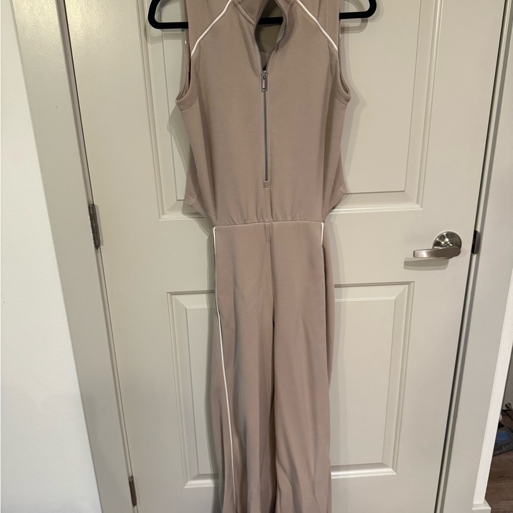 SPANX Taupe Sleeveless Zip-Front Jumpsuit with Contrast Piping